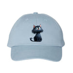A baby-blue Dad Hat cap featuring a printed illustration of a cat on the front panel.