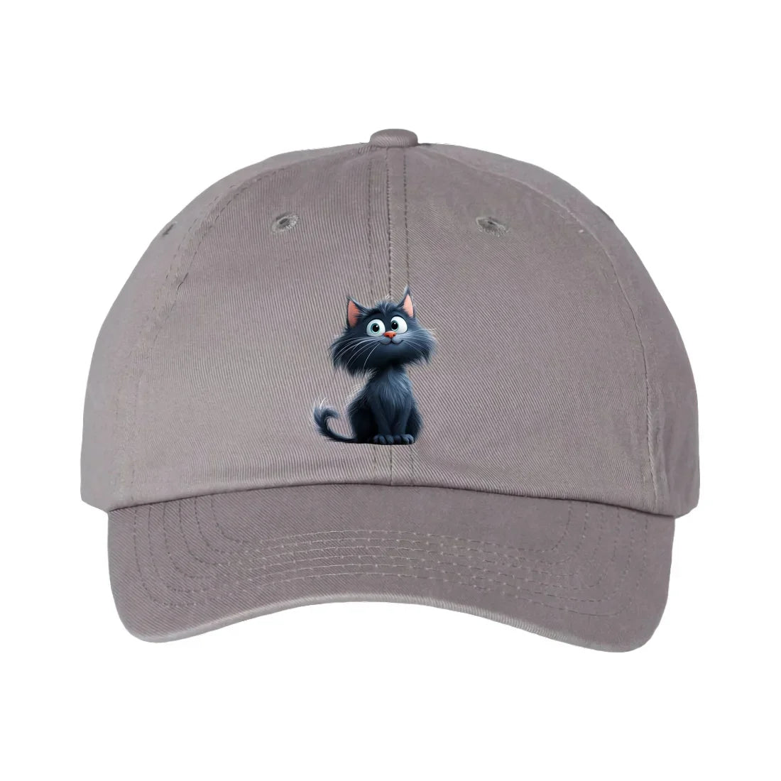 Une casquette dadhat gris ornée du motif #0001 motif représentant un chat