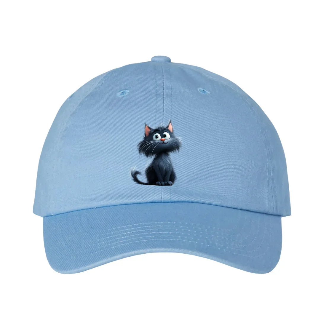 A sky blue DadHat cap featuring the #0001 printed design depicting a cat