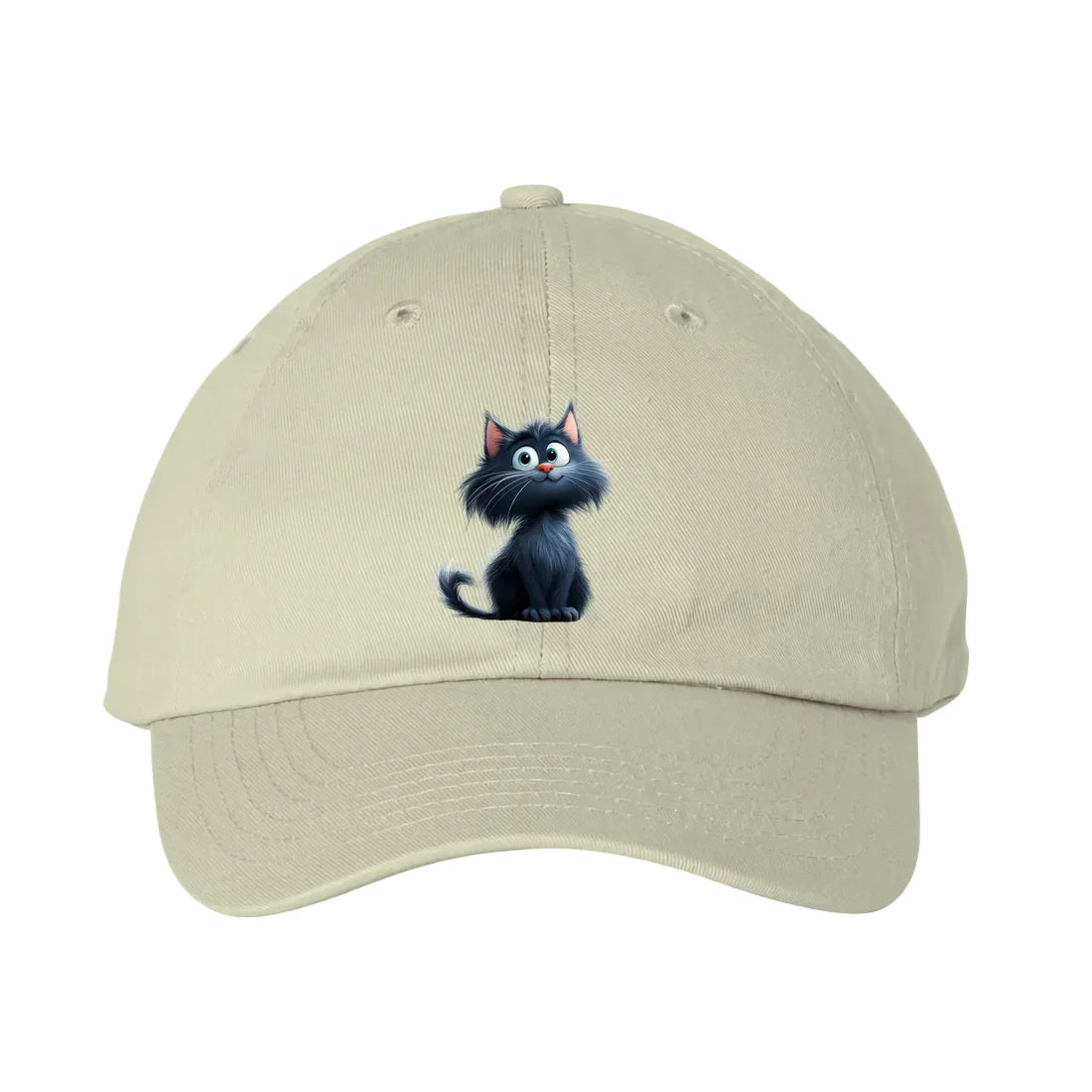A stone DadHat cap featuring the #0001 printed design depicting a cat