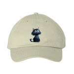 A stone DadHat cap featuring the #0001 printed design depicting a cat