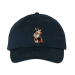 A navy DadHat cap featuring the #0011 printed design depicting a cat