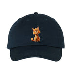 A navy DadHat cap featuring the #0013 printed design depicting a cat