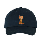 A navy DadHat cap featuring the #0014 printed design depicting a cat