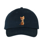 A navy DadHat cap featuring the #0019 printed design depicting a cat