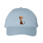 A baby blue DadHat cap featuring the #0020 printed design depicting a cat