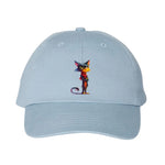 A baby blue DadHat cap featuring the #0036 printed design depicting a cat