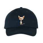 A navy DadHat cap featuring the #0051 printed design depicting a cat