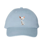 A baby blue DadHat cap featuring the #0052 printed design depicting a cat