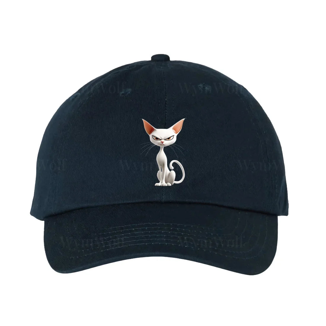 Une casquette dadhat marine ornée du motif #0052 motif représentant un chat