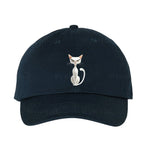 A navy DadHat cap featuring the #0053 printed design depicting a cat