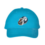 Neon Blue DadHat cap featuring no.0015 printed design depicting a cat