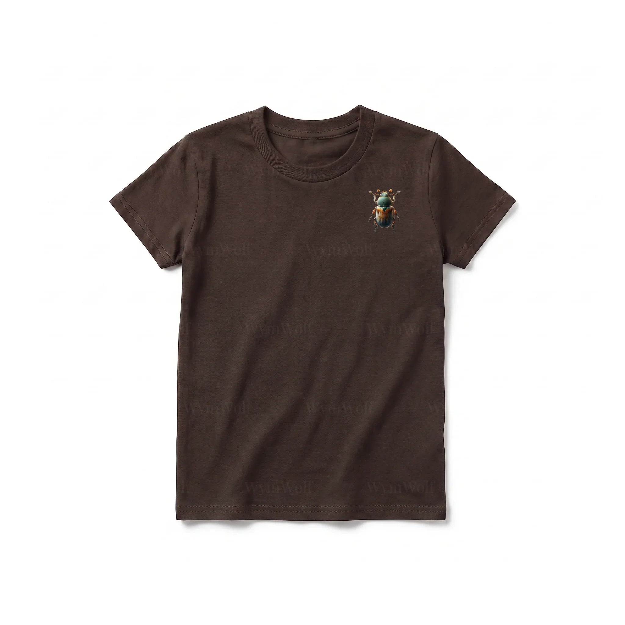 A chocolate short-sleeve crewneck t-shirt for youth featuring a graphic of a arthropods animal on the left chest.