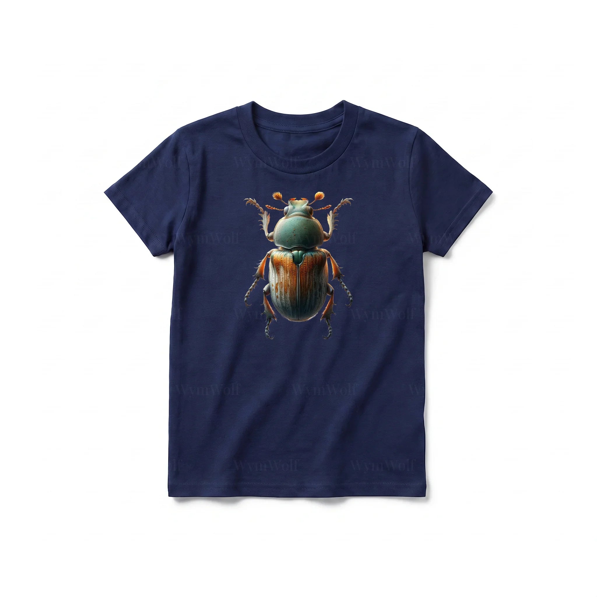 A navy short-sleeve crewneck t-shirt for youth featuring a graphic of a arthropods animal on the front.