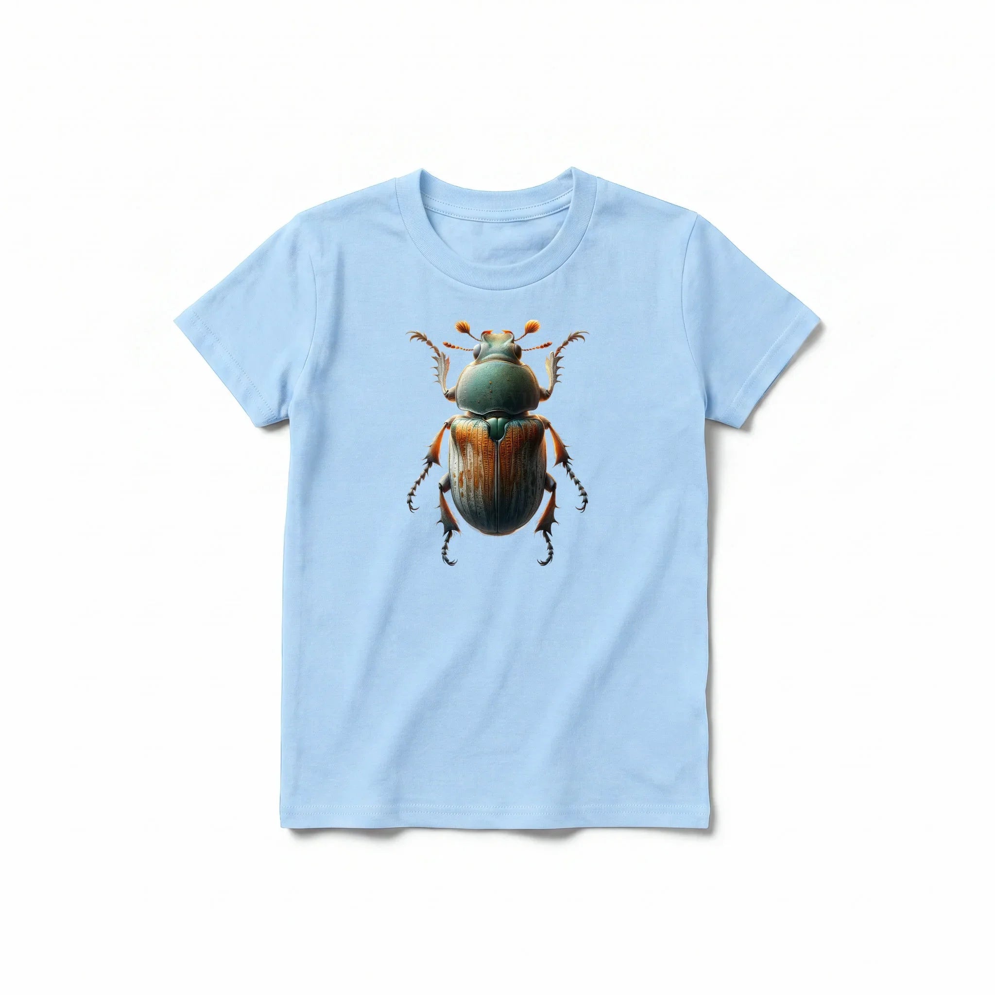 Un T-shirt poudre à manches courtes et col rond pour jeune, orné d'un motif représentant un arthropode sur le devant.