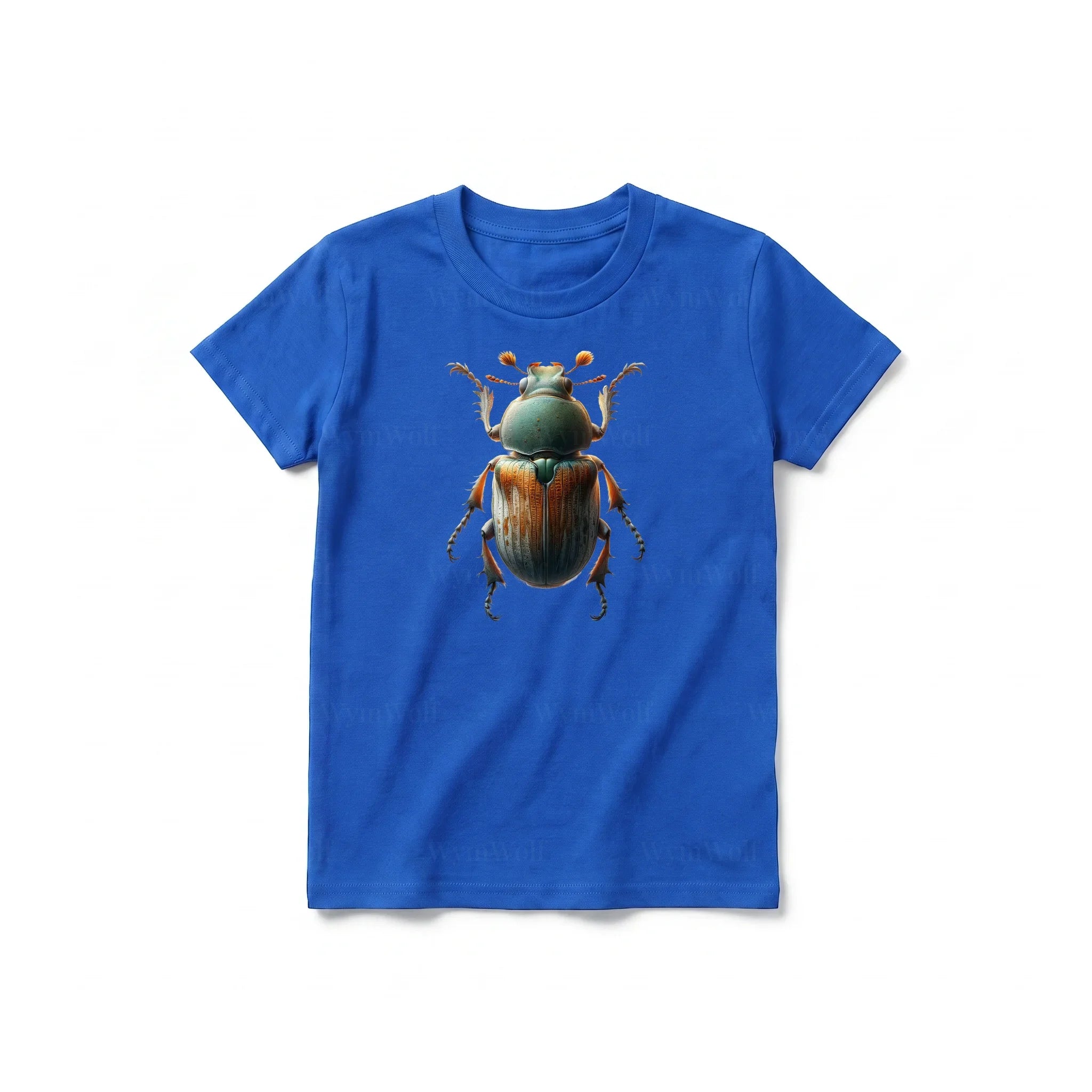 A royal short-sleeve crewneck t-shirt for youth featuring a graphic of a arthropods animal on the front.