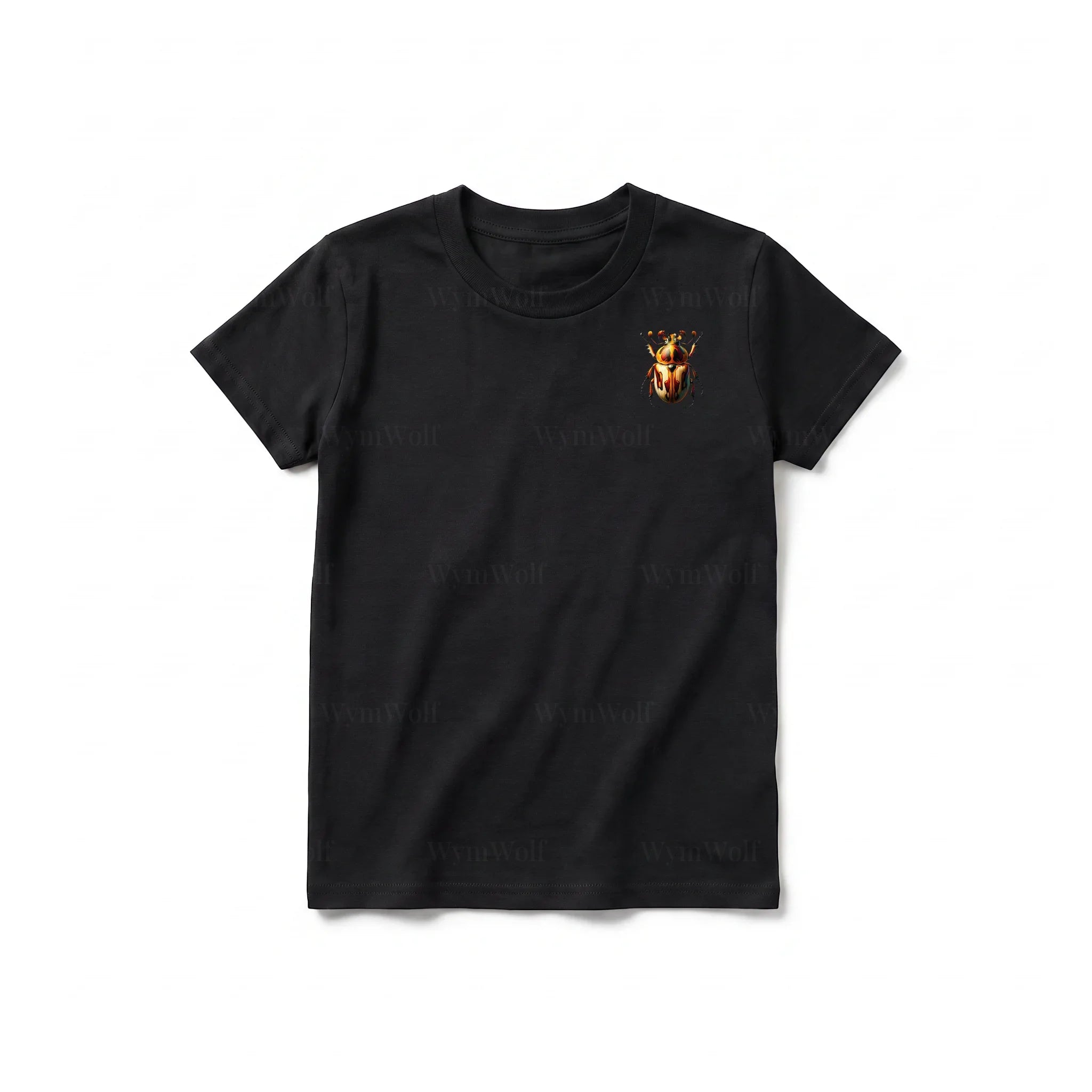 A black short-sleeve crewneck t-shirt for youth featuring a graphic of a arthropods animal on the left chest.