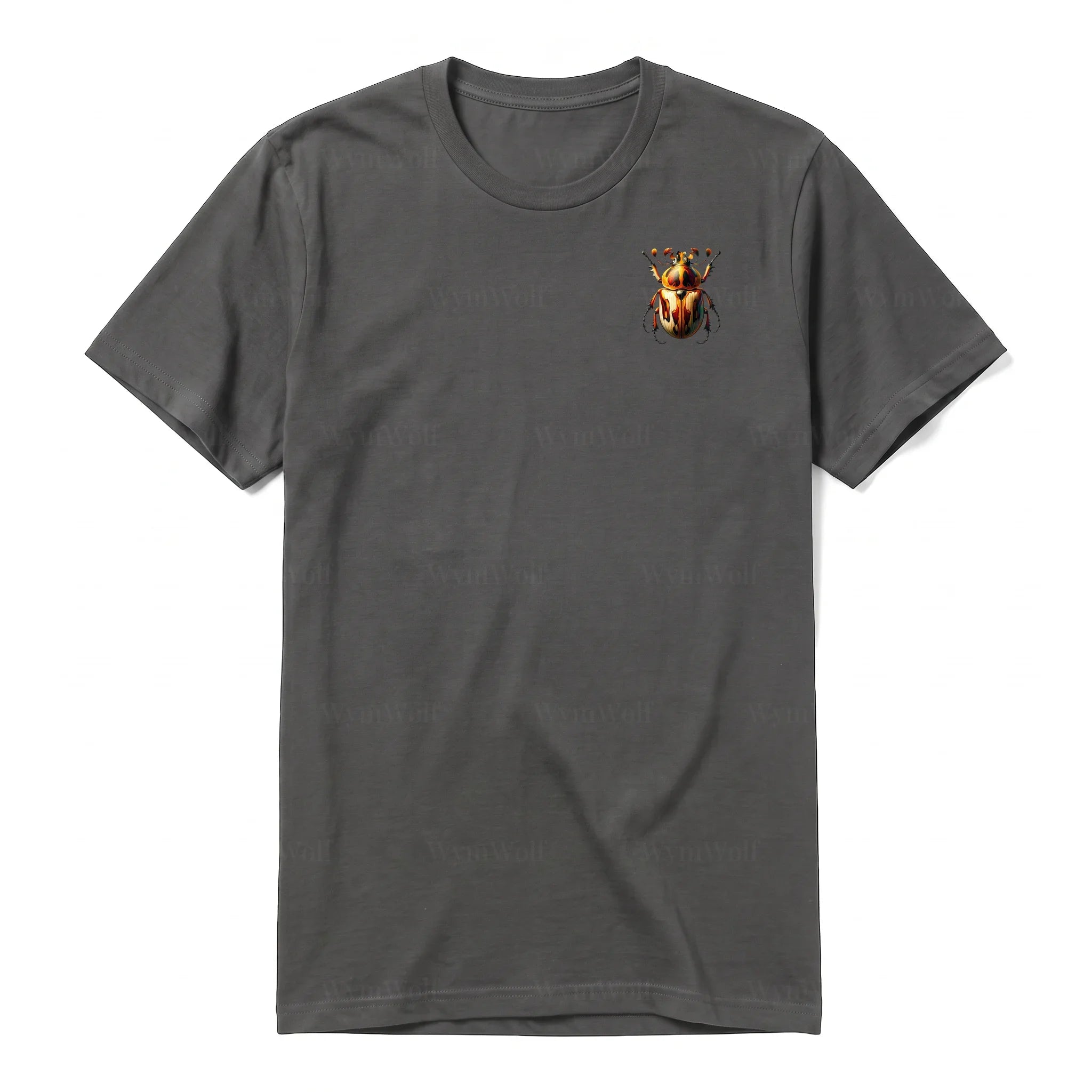 A charcoal short-sleeve crewneck t-shirt for adult featuring a graphic of a arthropods animal on the left chest.