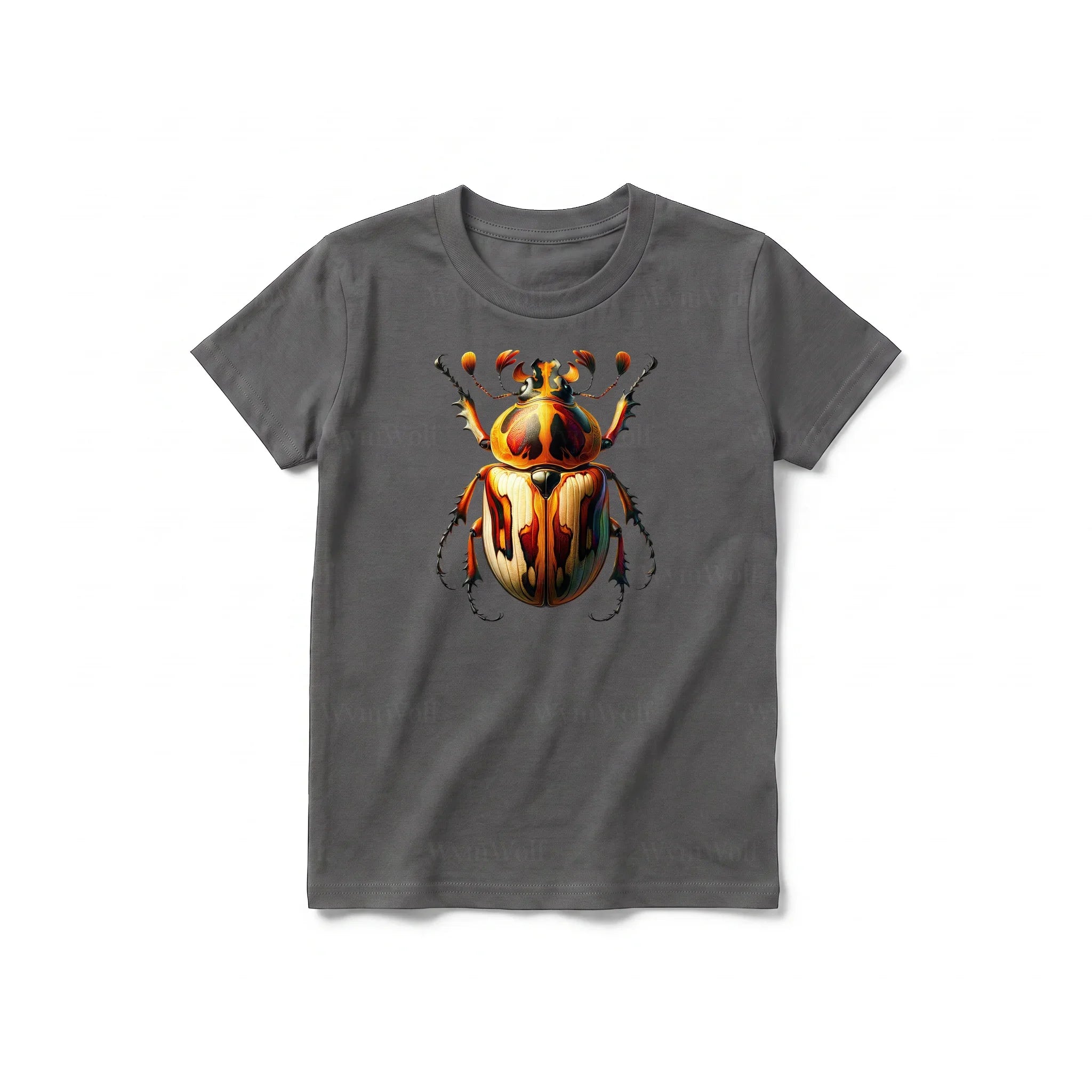 A charcoal short-sleeve crewneck t-shirt for youth featuring a graphic of a arthropods animal on the front.