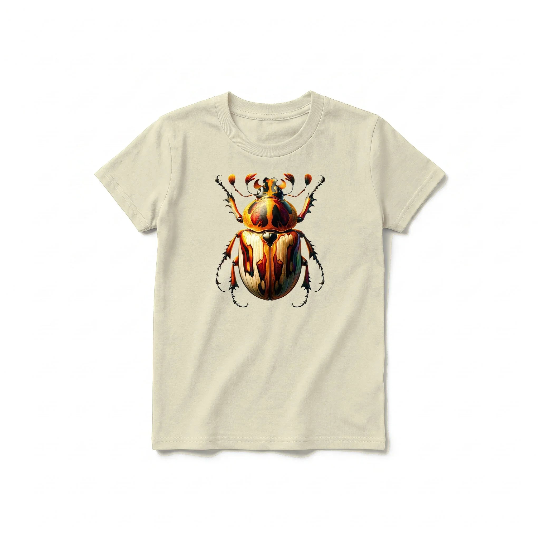 A latte short-sleeve crewneck t-shirt for youth featuring a graphic of a arthropods animal on the front.