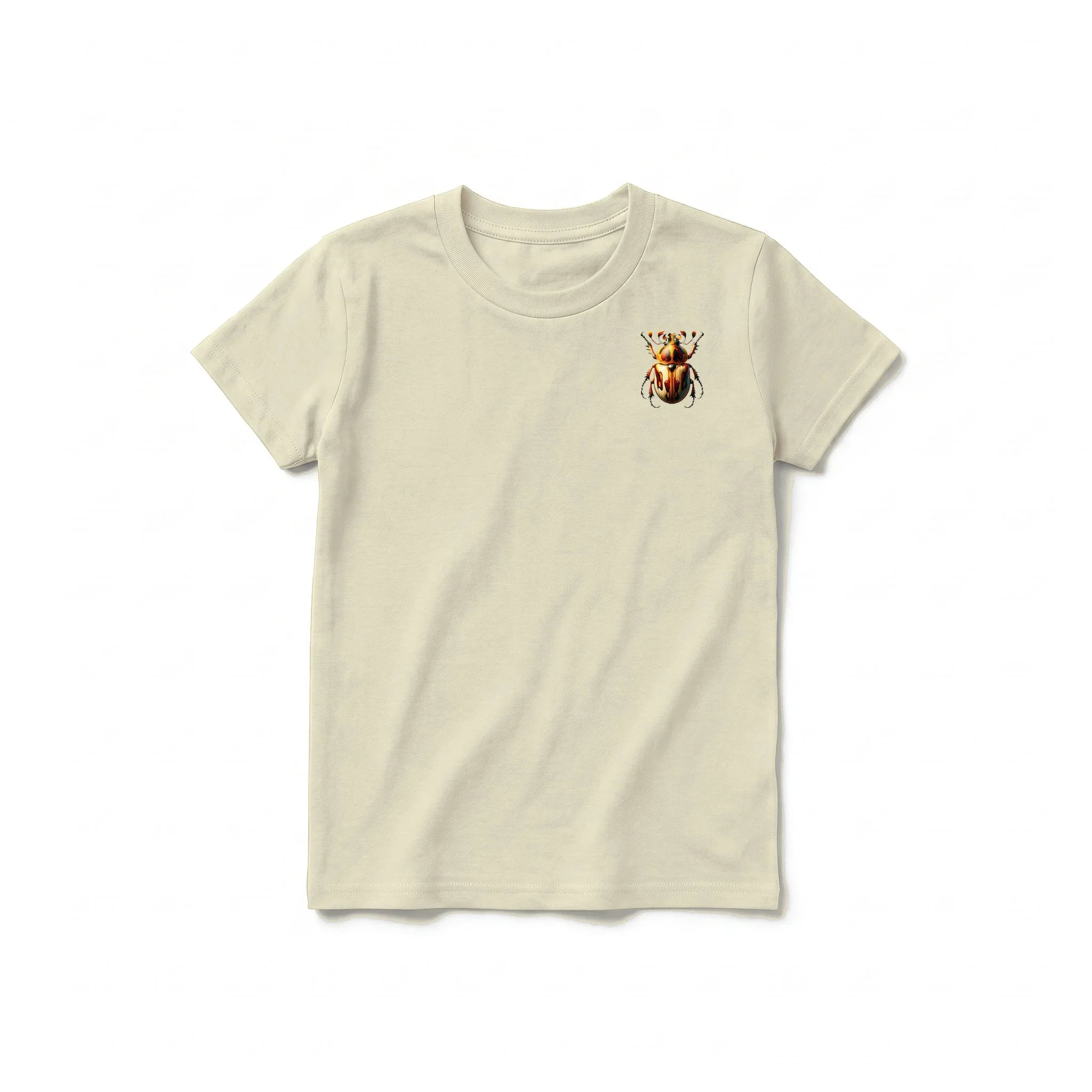 A latte short-sleeve crewneck t-shirt for youth featuring a graphic of a arthropods animal on the left chest.