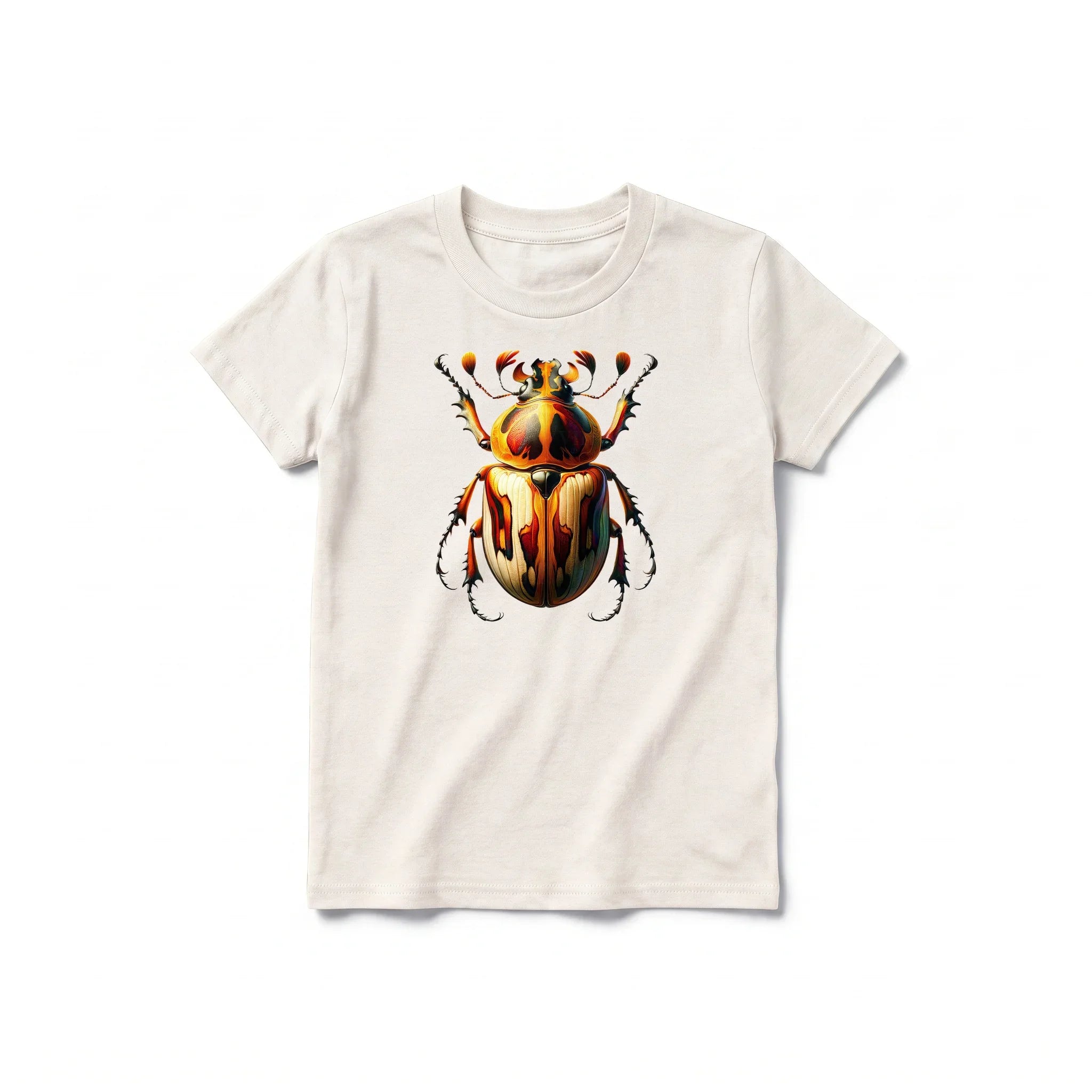 Un T-shirt blanc vintage à manches courtes et col rond pour jeune, orné d'un motif représentant un arthropode sur le devant.