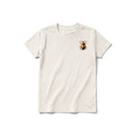 Un T-shirt blanc vintage à manches courtes et col rond pour jeune, orné d'un motif représentant un arthropode sur la poitrine gauche.