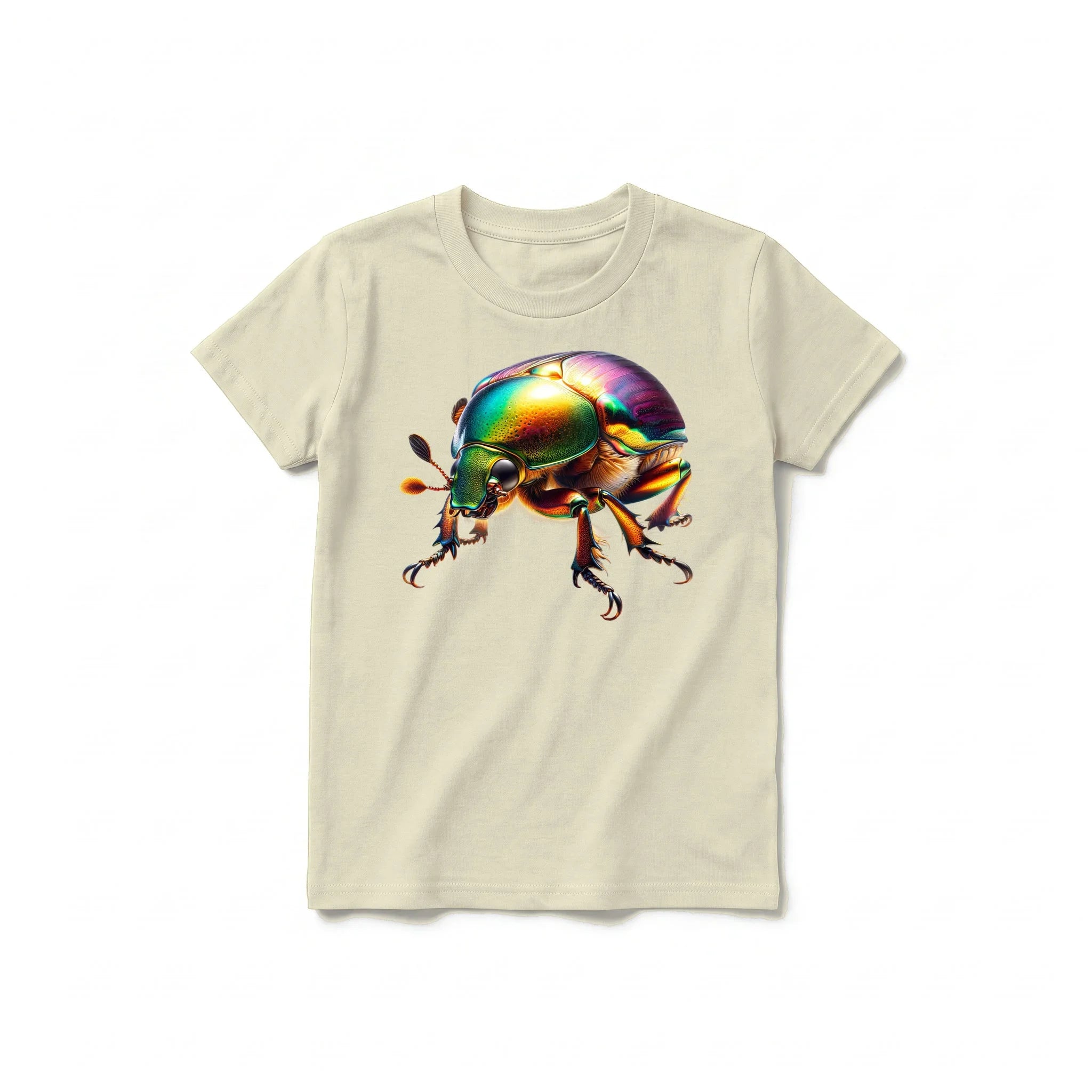 Un T-shirt latte à manches courtes et col rond pour jeune, orné d'un motif représentant un arthropode sur le devant.