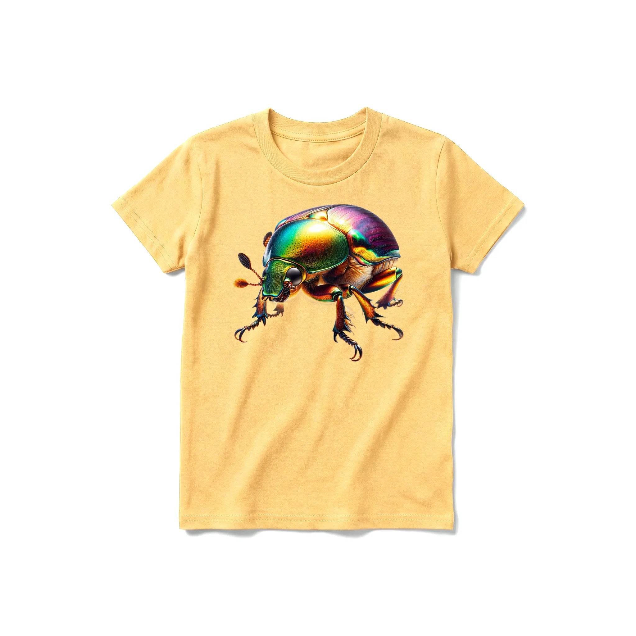 Un T-shirt moutarde à manches courtes et col rond pour jeune, orné d'un motif représentant un arthropode sur le devant.