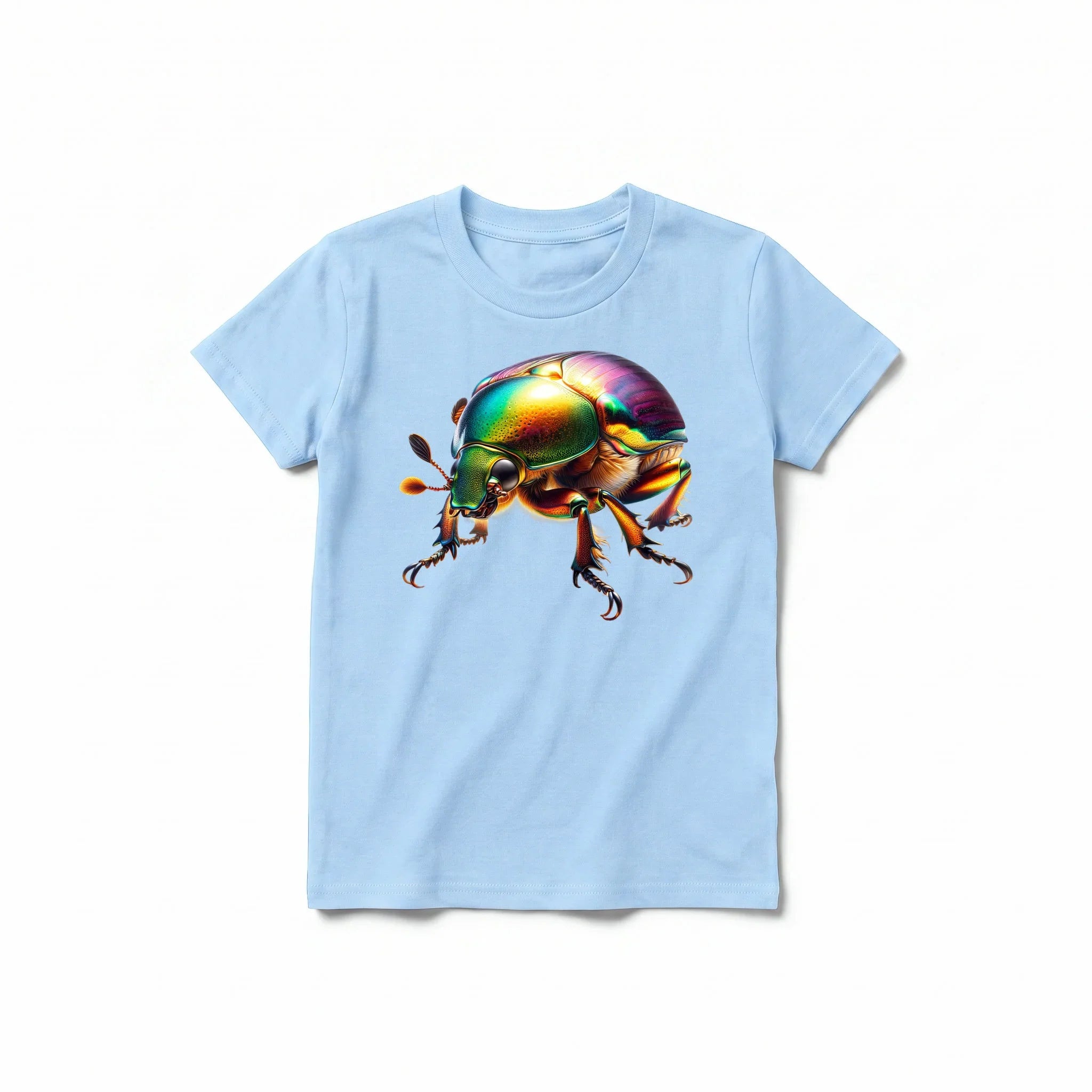 Un T-shirt poudre à manches courtes et col rond pour jeune, orné d'un motif représentant un arthropode sur le devant.