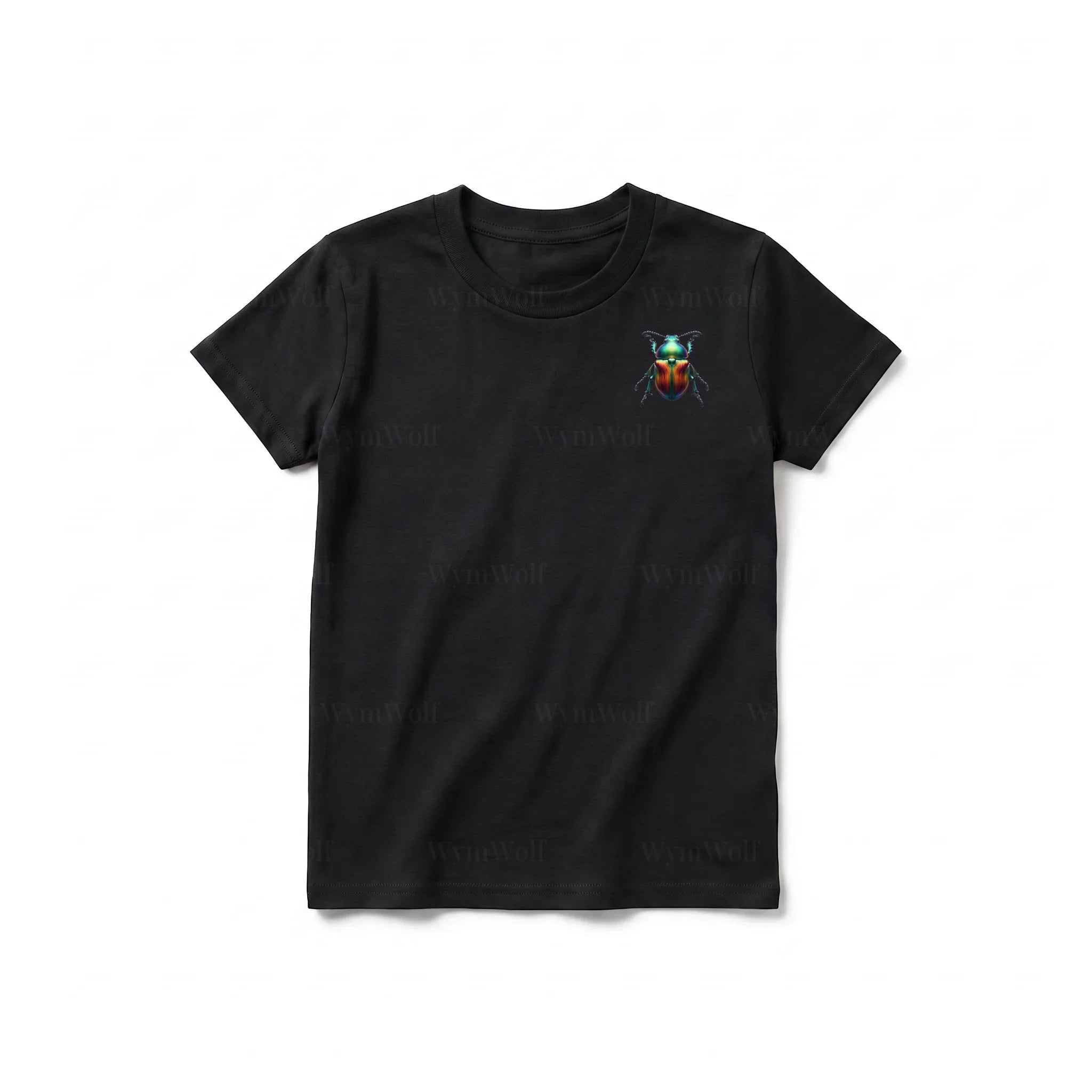 A black short-sleeve crewneck t-shirt for youth featuring a graphic of a arthropods animal on the left chest.