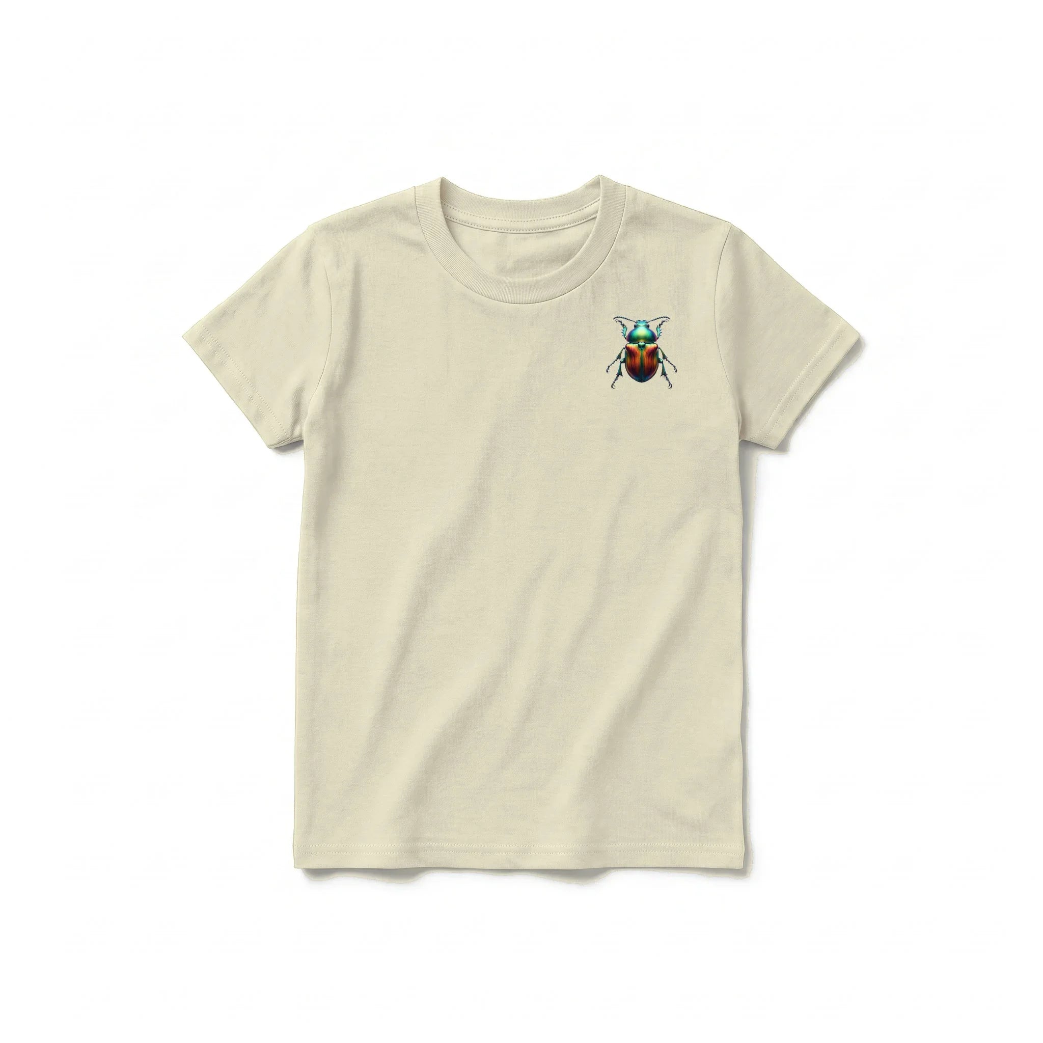 A latte short-sleeve crewneck t-shirt for youth featuring a graphic of a arthropods animal on the left chest.