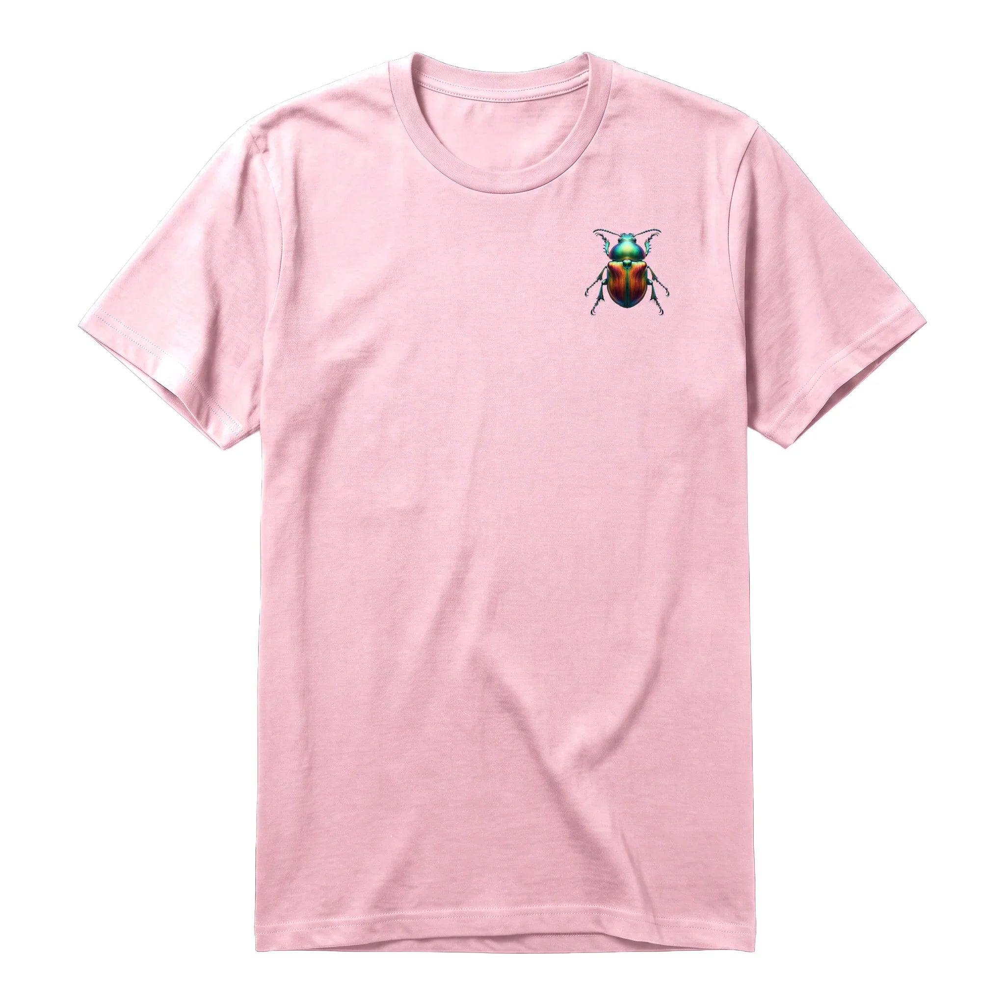 A pink short-sleeve crewneck t-shirt for adult featuring a graphic of a arthropods animal on the left chest.