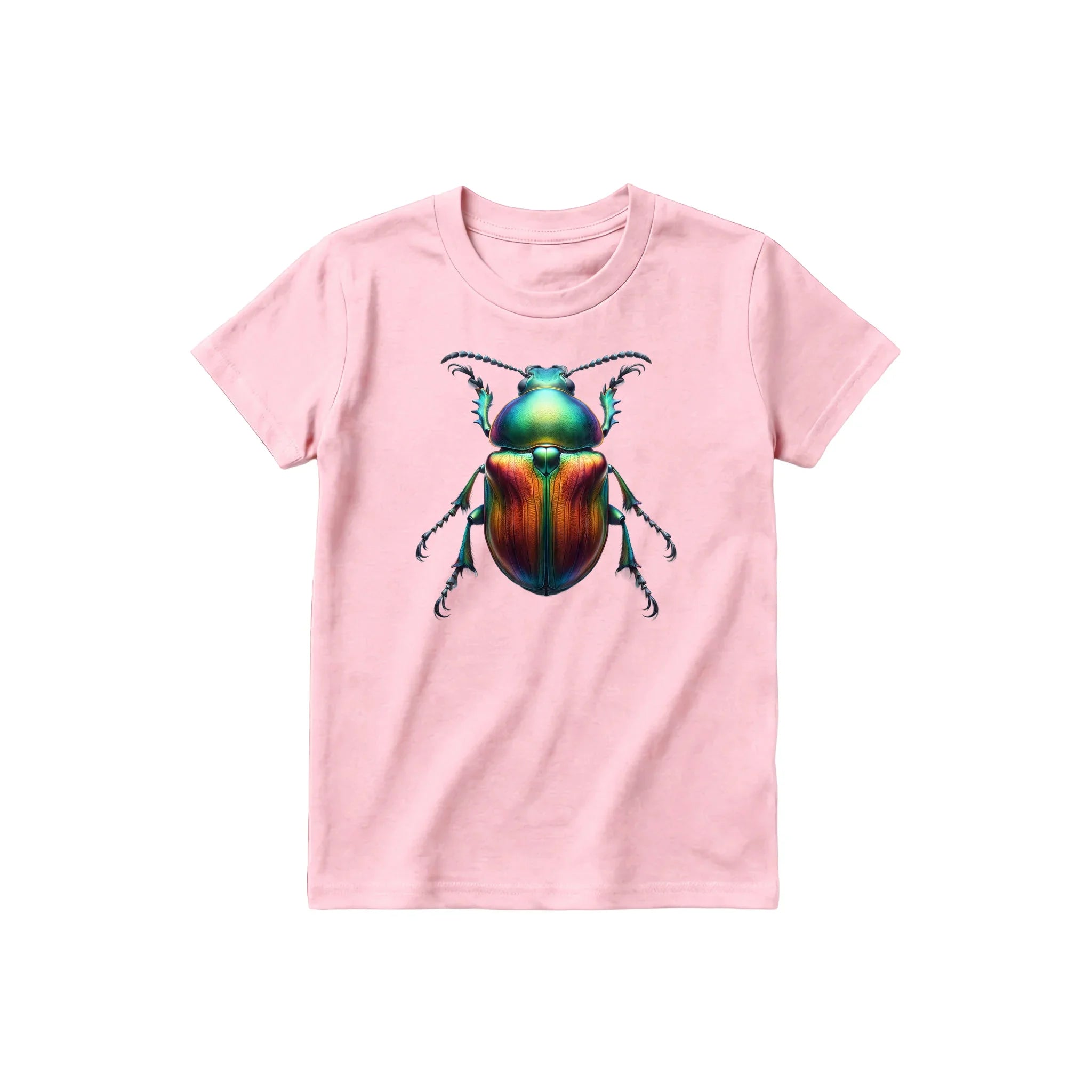 A pink short-sleeve crewneck t-shirt for youth featuring a graphic of a arthropods animal on the front.