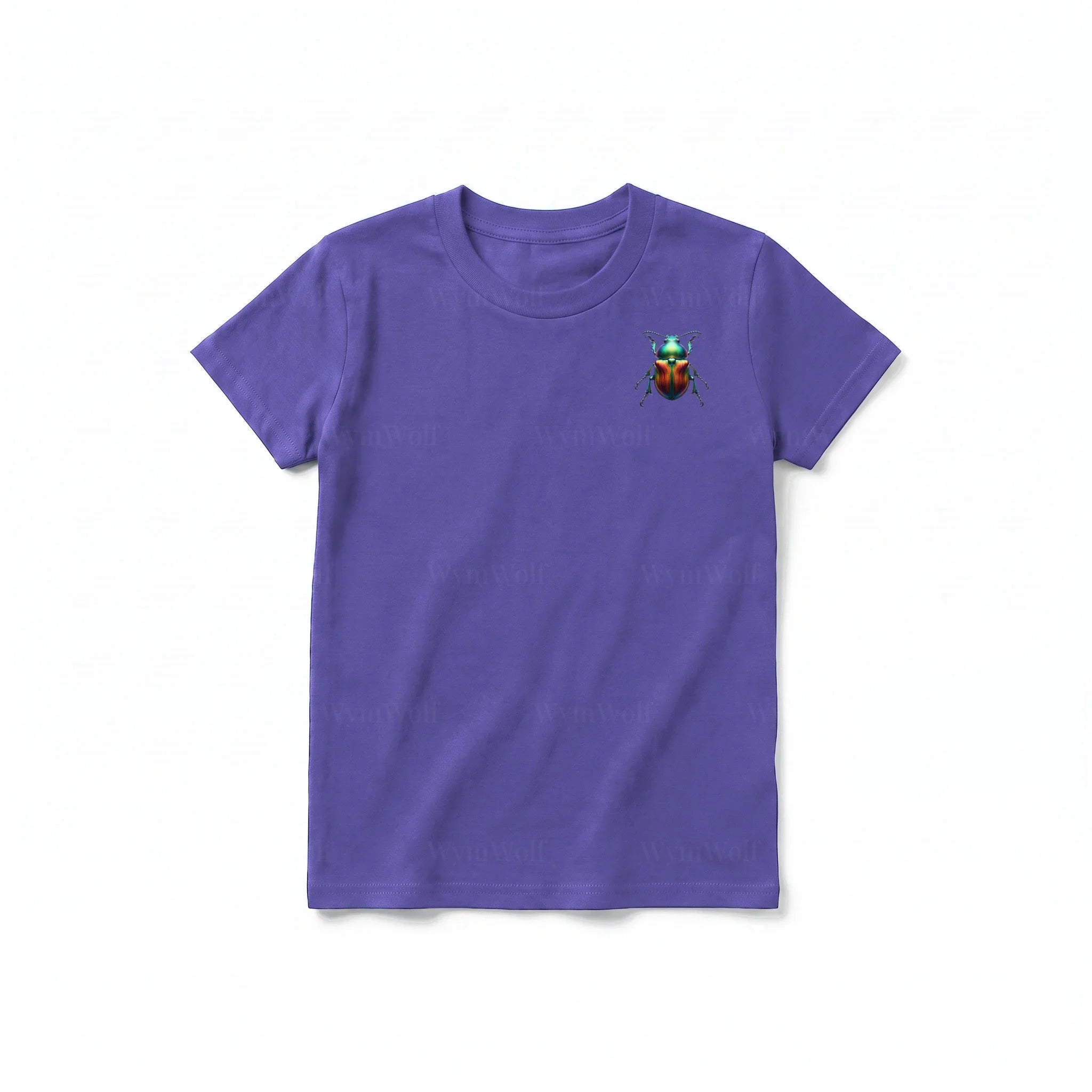 A purple short-sleeve crewneck t-shirt for youth featuring a graphic of a arthropods animal on the left chest.