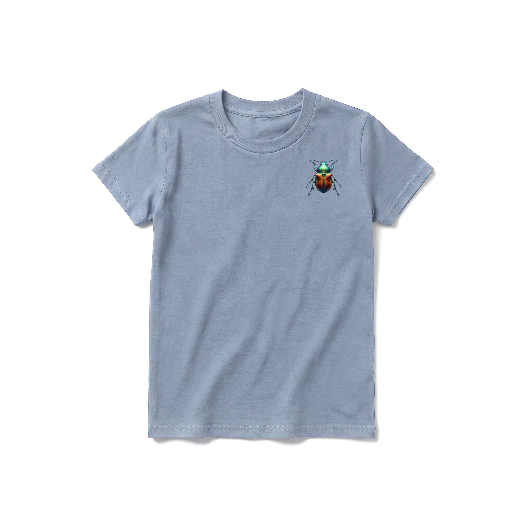Un T-shirt steel-blue à manches courtes et col rond pour jeune, orné d'un motif représentant un arthropode sur la poitrine gauche.