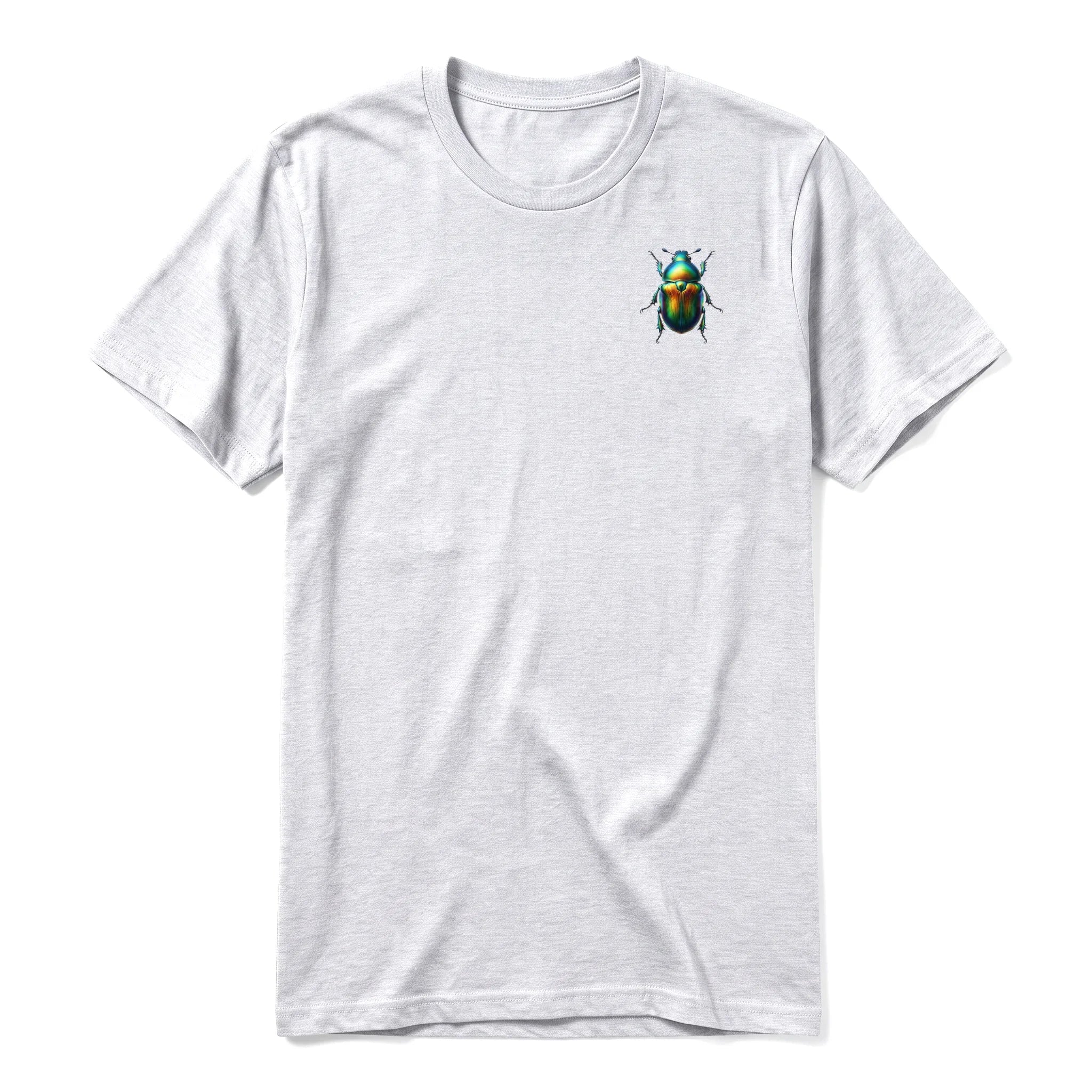 Un T-shirt gris cendré à manches courtes et col rond, orné d'un motif représentant un arthropod sur la poitrine gauche.