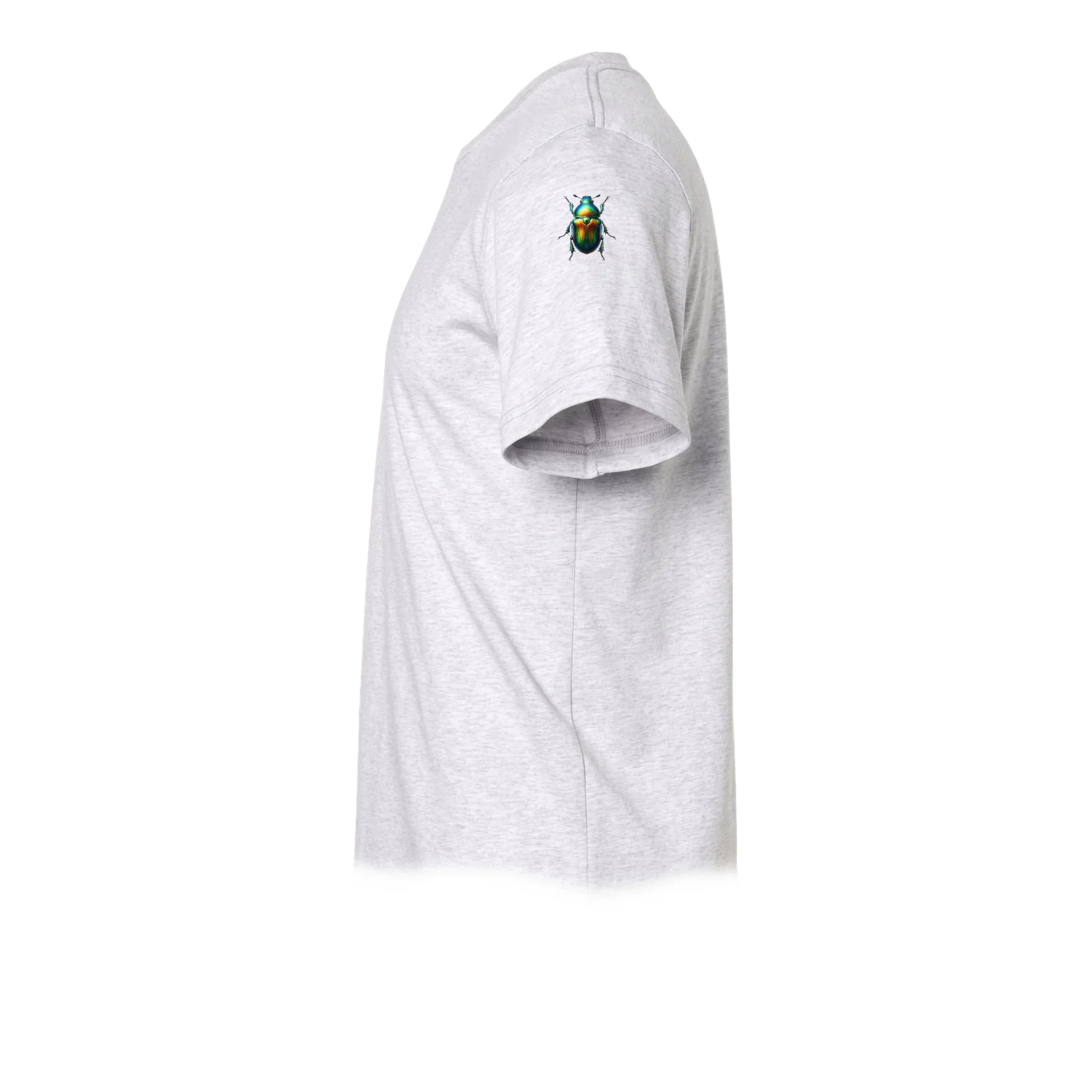 Un T-shirt gris cendré à manches courtes et col rond, orné d'un motif représentant un arthropode sur le haut de la manche gauche.