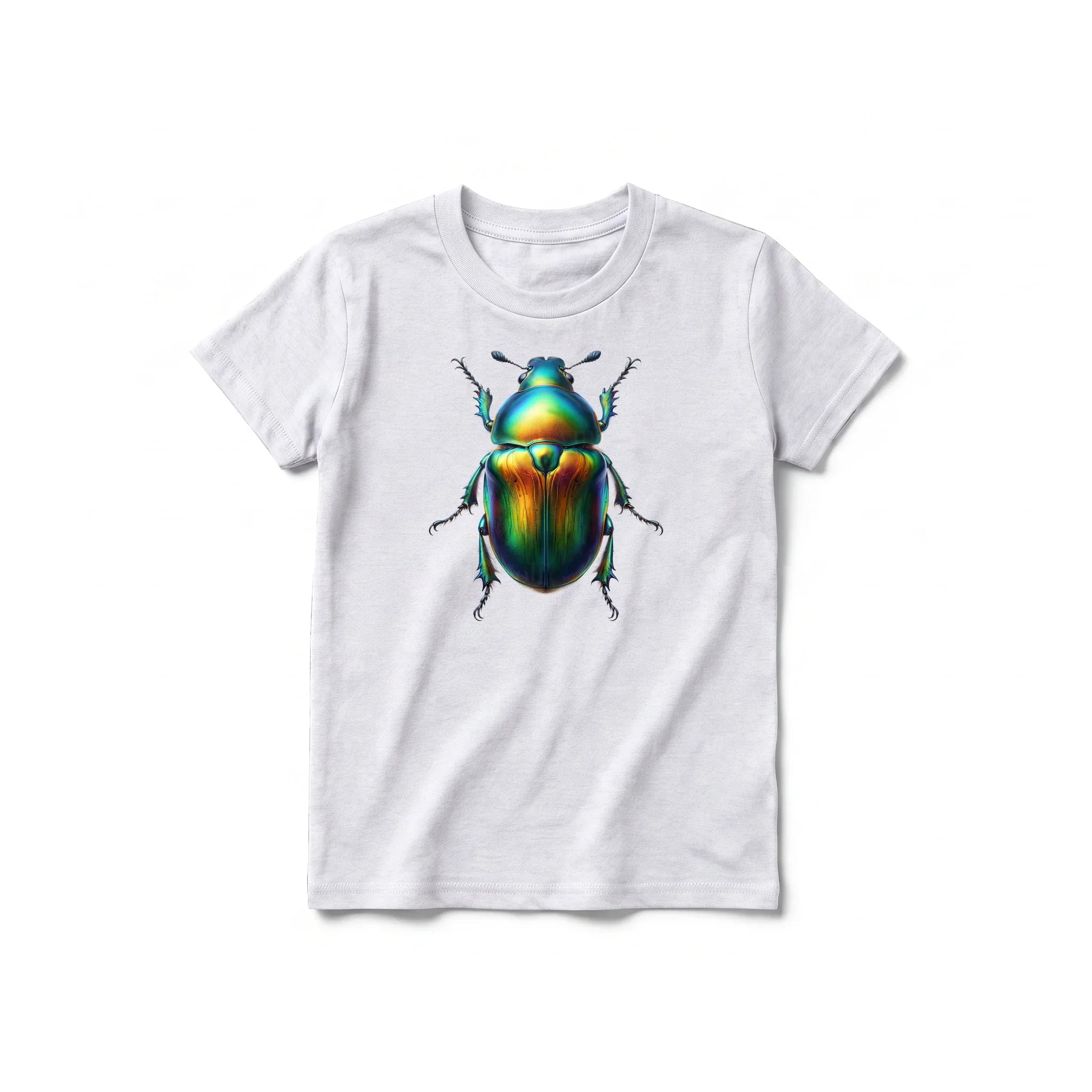 Un T-shirt gris cendré à manches courtes et col rond pour jeune, orné d'un motif représentant un arthropode sur le devant.