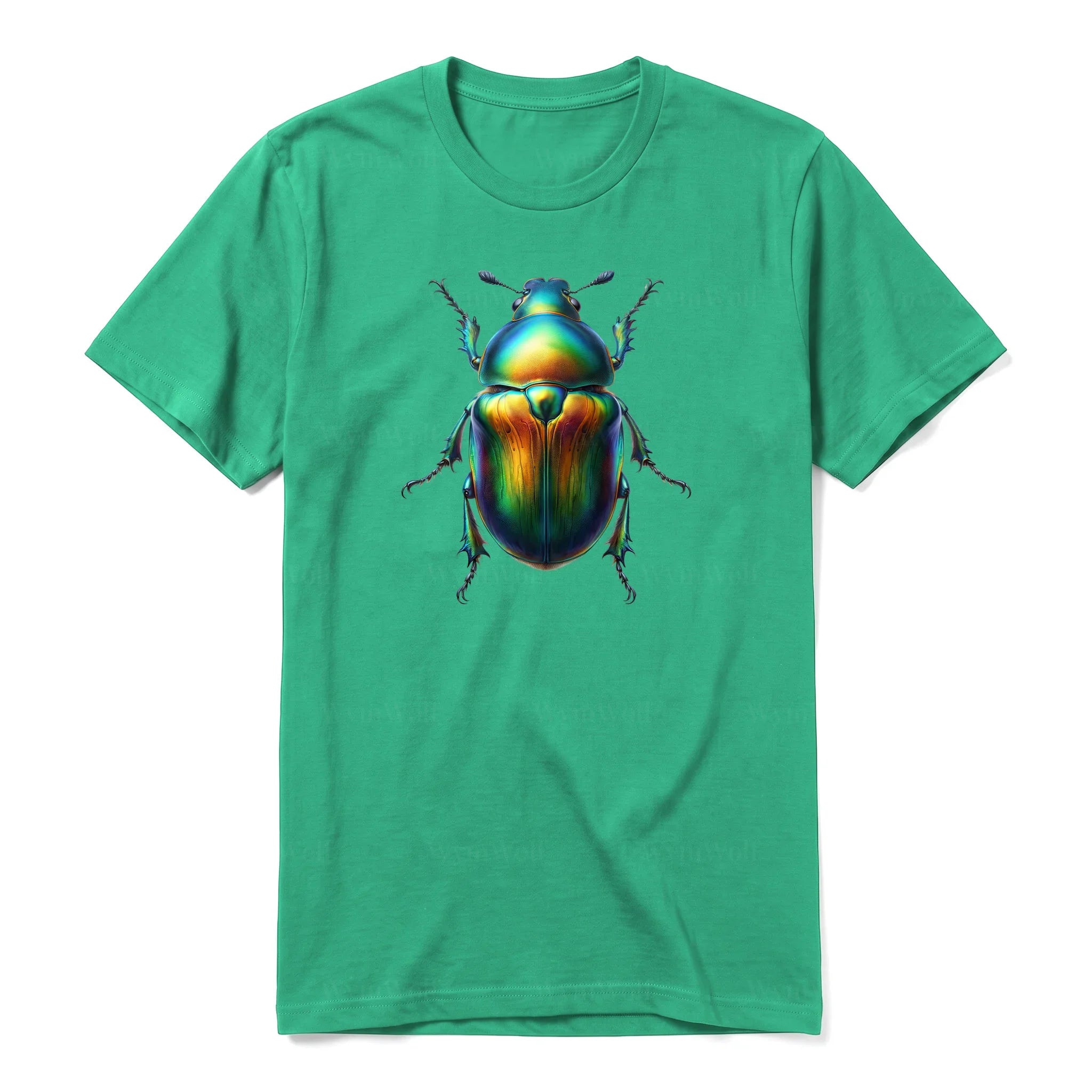 Un T-shirt kelly à manches courtes et col rond, orné d'un motif représentant un arthropod sur le devant.