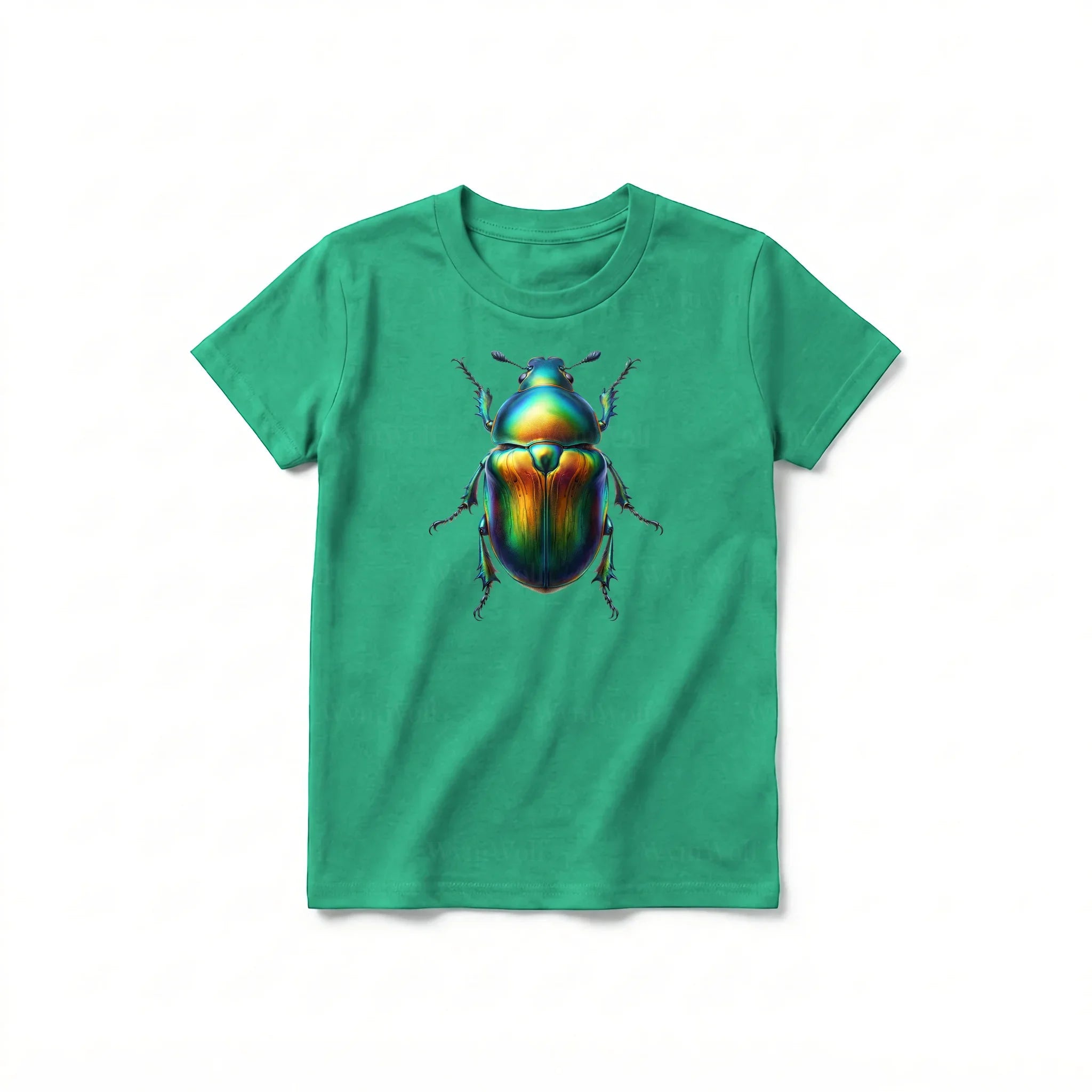 Un T-shirt kelly à manches courtes et col rond pour jeune, orné d'un motif représentant un arthropode sur le devant.