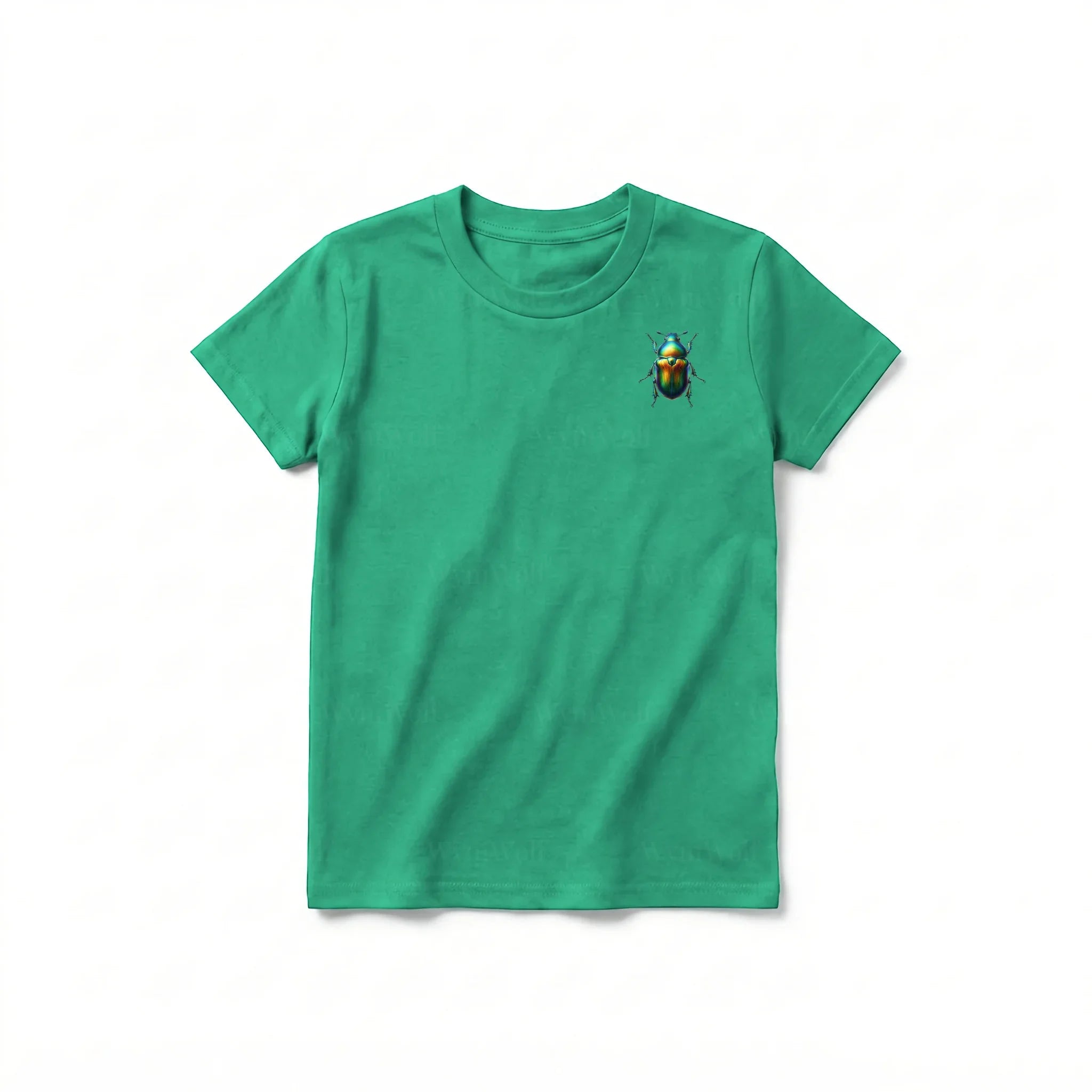 Un T-shirt kelly à manches courtes et col rond pour jeune, orné d'un motif représentant un arthropode sur la poitrine gauche.