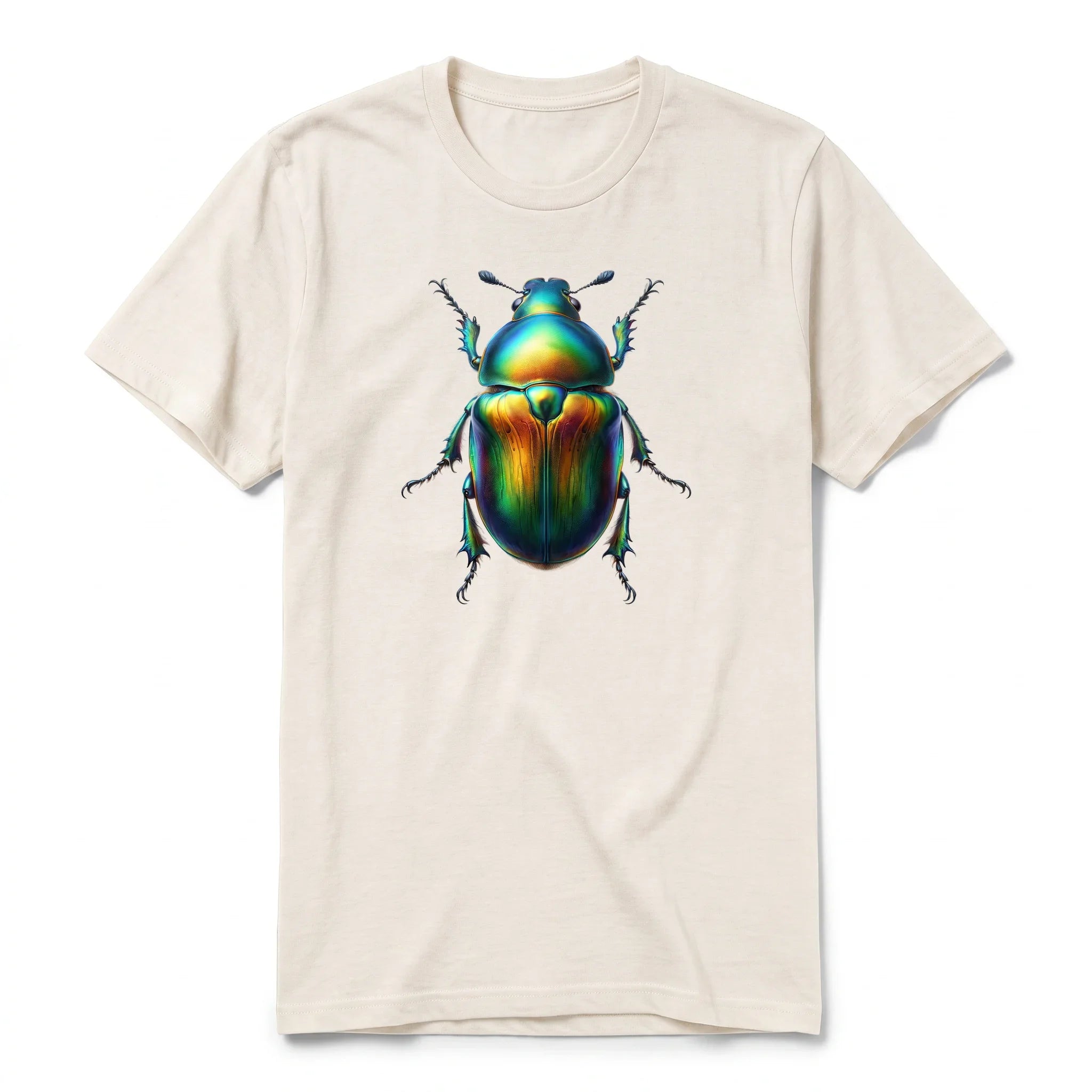 Un T-shirt blanc vintage à manches courtes et col rond, orné d'un motif représentant un arthropod sur le devant.