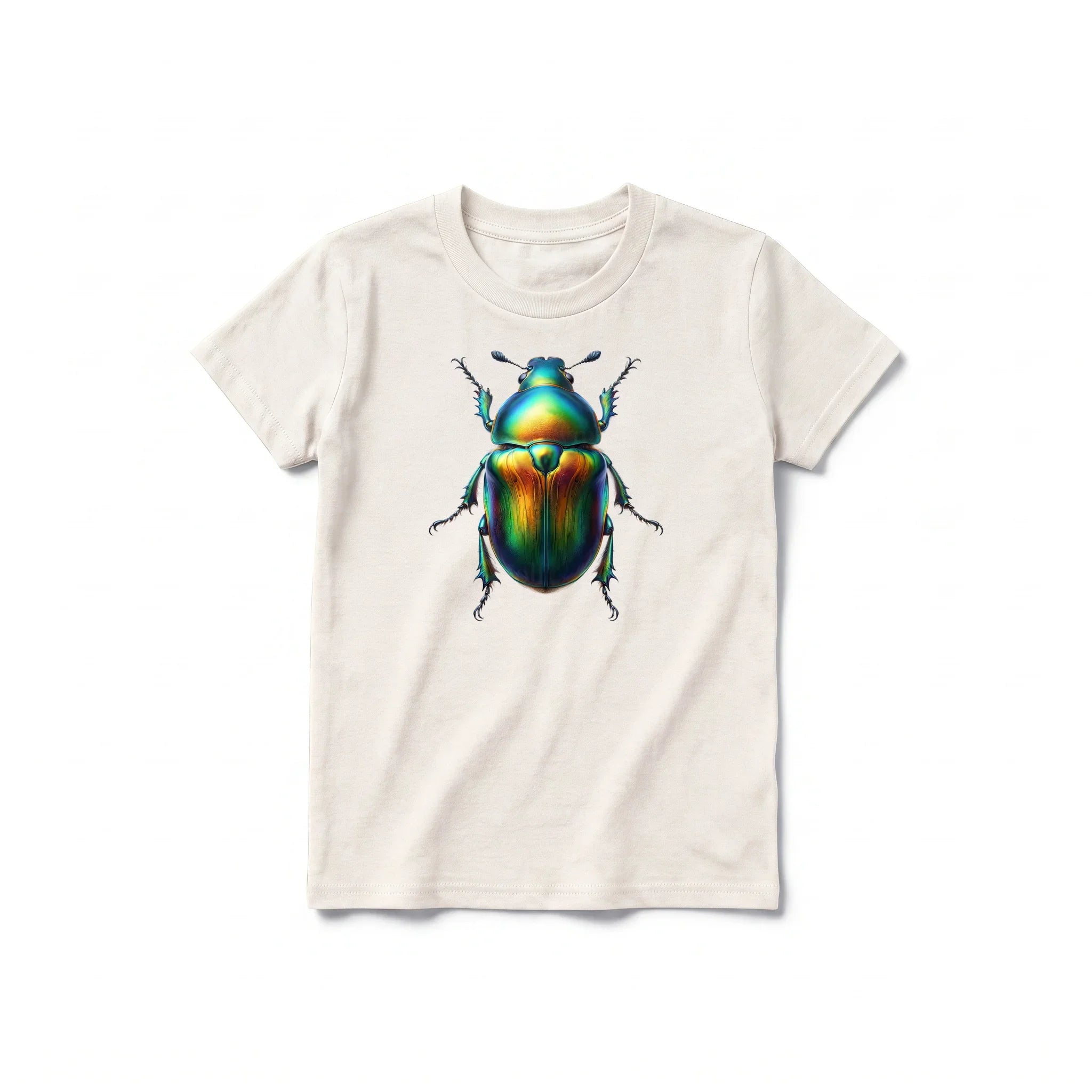 Un T-shirt blanc vintage à manches courtes et col rond pour jeune, orné d'un motif représentant un arthropode sur le devant.