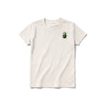 Un T-shirt blanc vintage à manches courtes et col rond pour jeune, orné d'un motif représentant un arthropode sur la poitrine gauche.