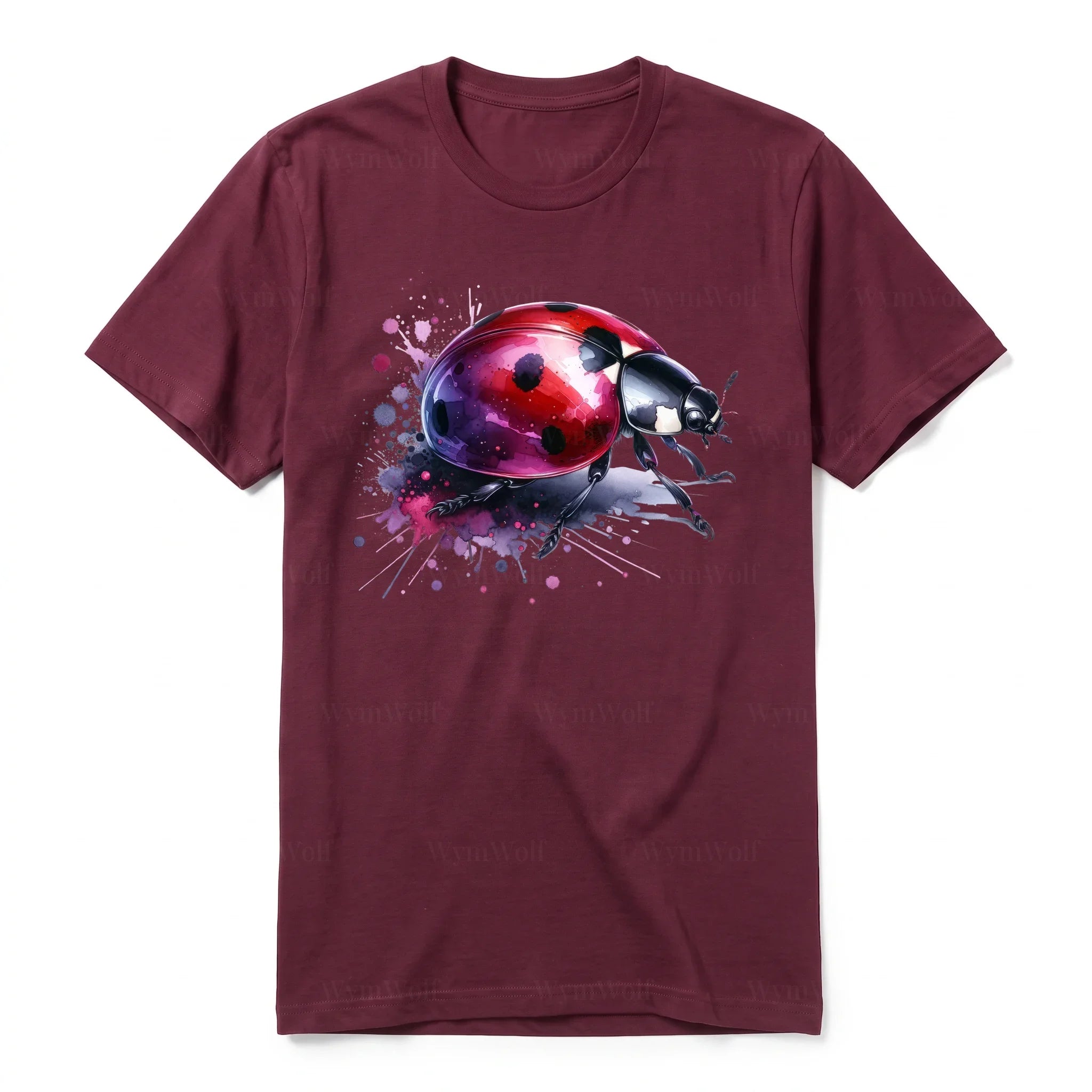 A maroon short-sleeve crewneck t-shirt for adult featuring a graphic of a arthropods animal on the front.