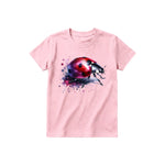 A pink short-sleeve crewneck t-shirt for youth featuring a graphic of a arthropods animal on the front.