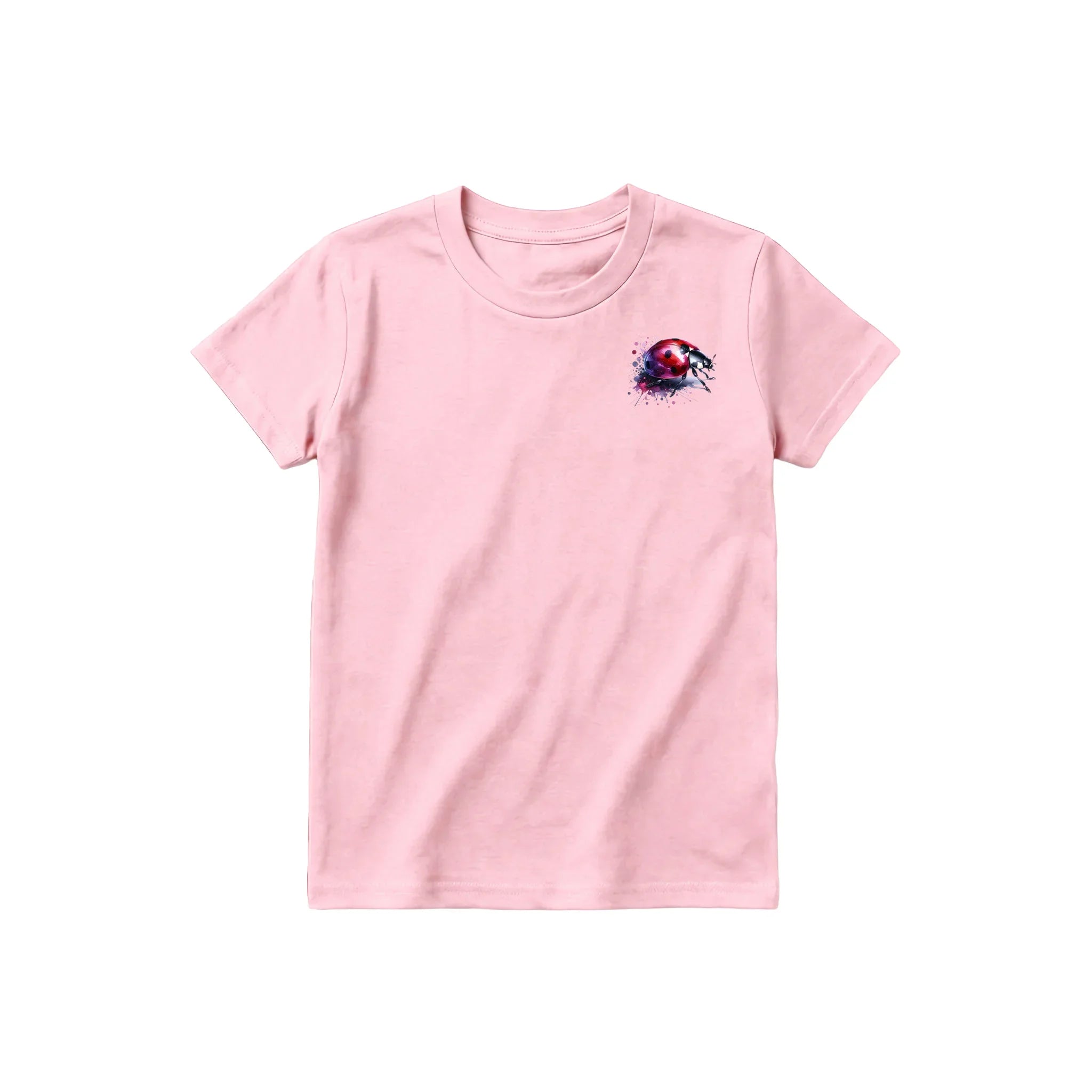 A pink short-sleeve crewneck t-shirt for youth featuring a graphic of a arthropods animal on the left chest.