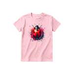 A pink short-sleeve crewneck t-shirt for youth featuring a graphic of a arthropods animal on the front.