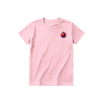 A pink short-sleeve crewneck t-shirt for youth featuring a graphic of a arthropods animal on the left chest.